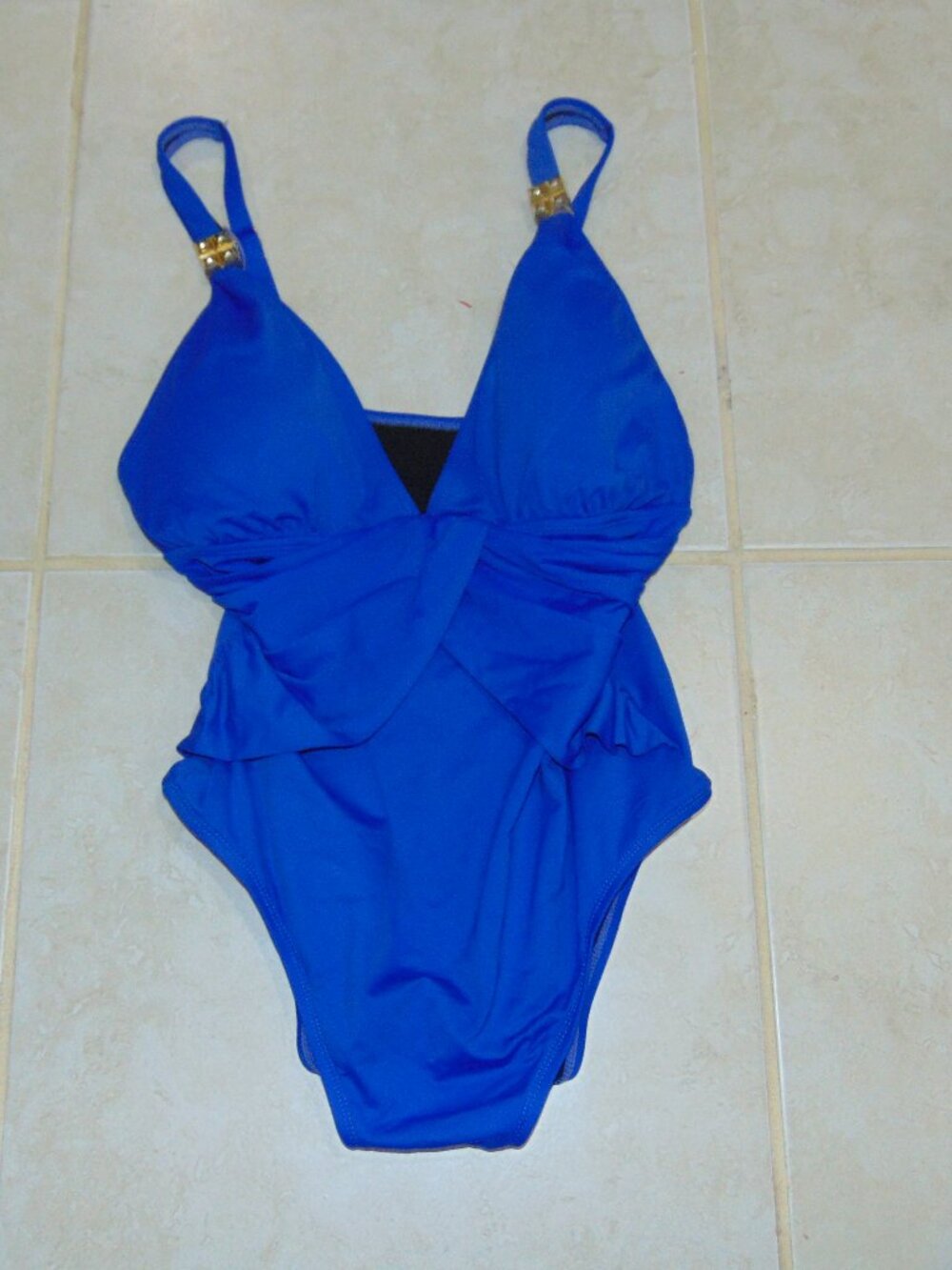 Women One Piece Swimsuit Size 12 Nylon Blue Solid Tank Padded Bra
